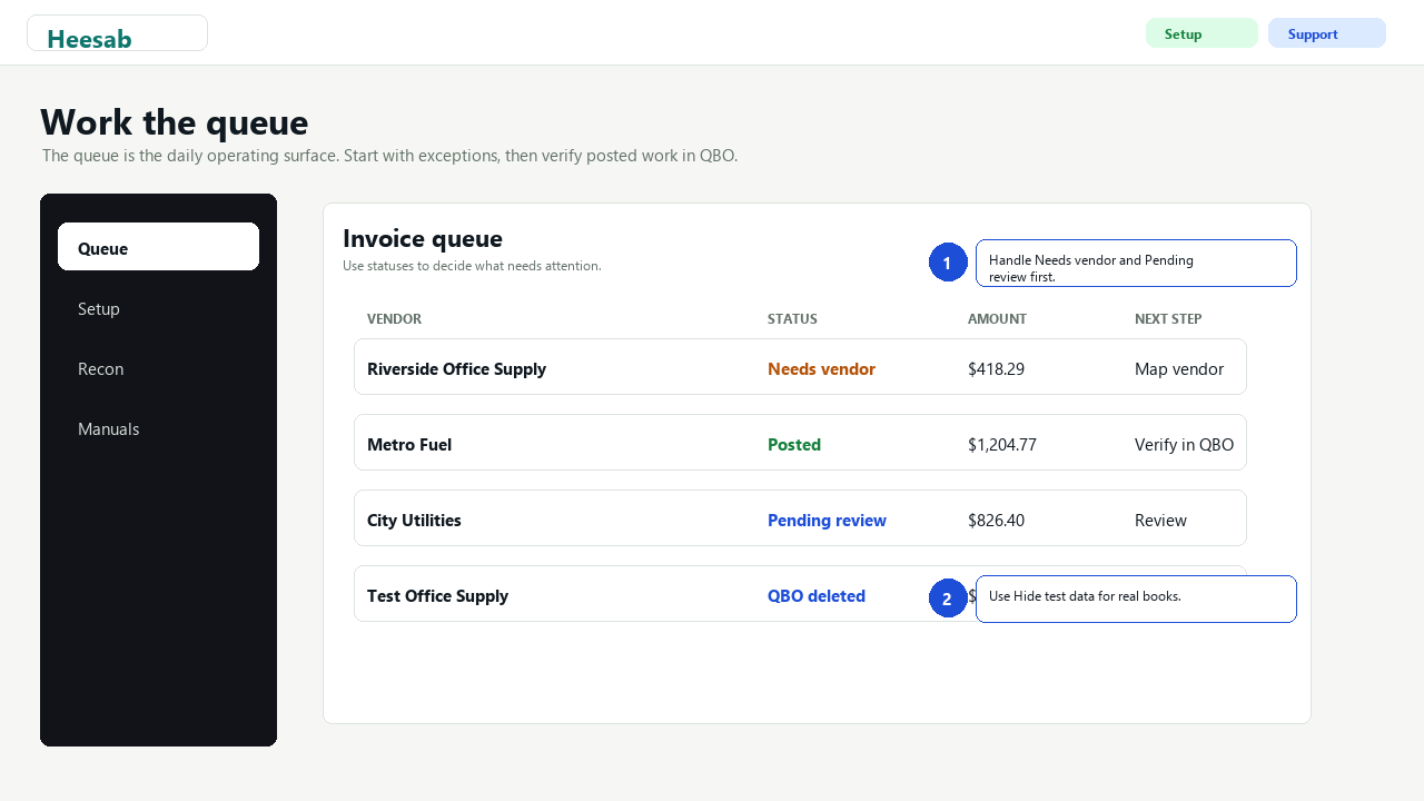 Daily queue: work exceptions first and verify posted work in QBO