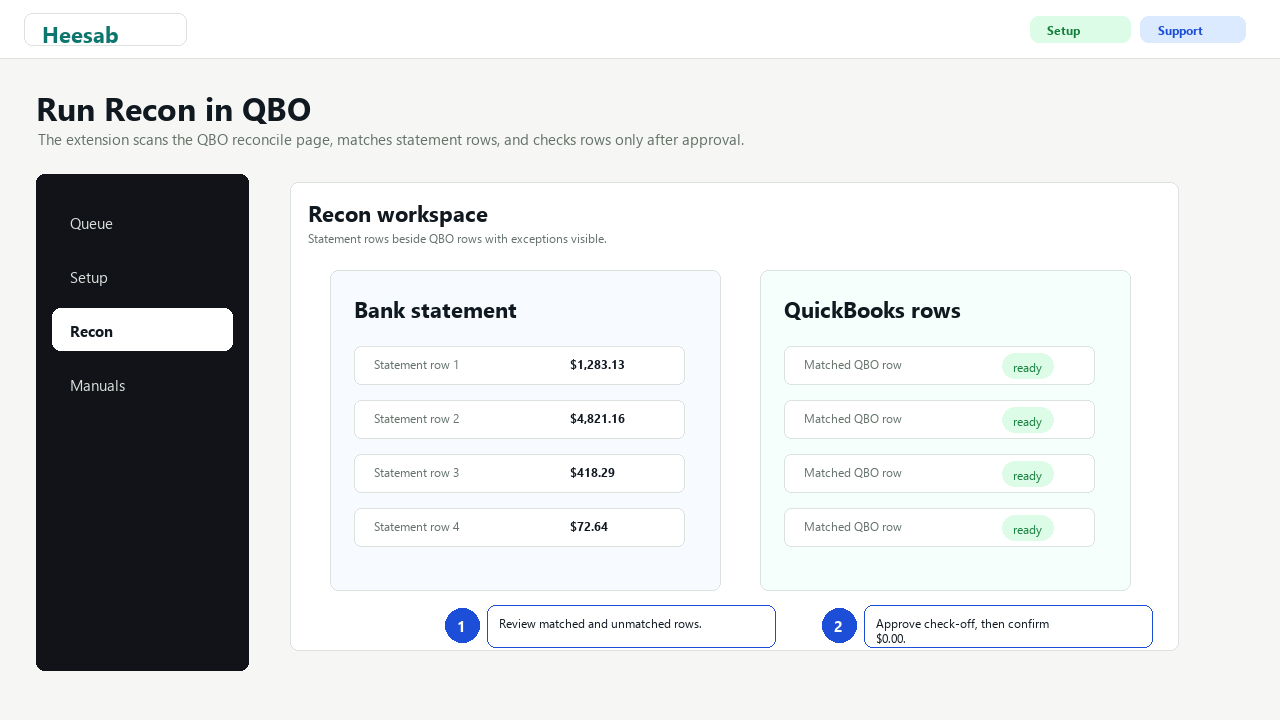Recon workspace: compare statement rows with QBO rows before check-off
