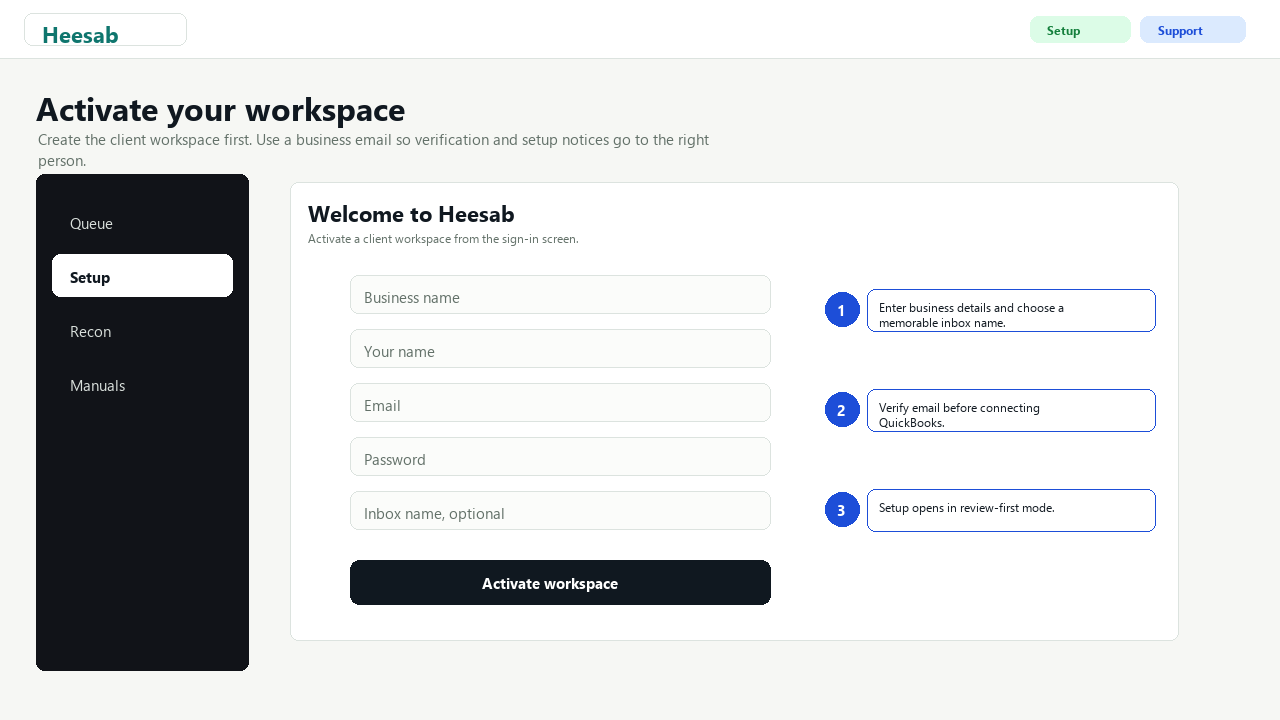 Activate workspace: enter business, user, email, password, and inbox name