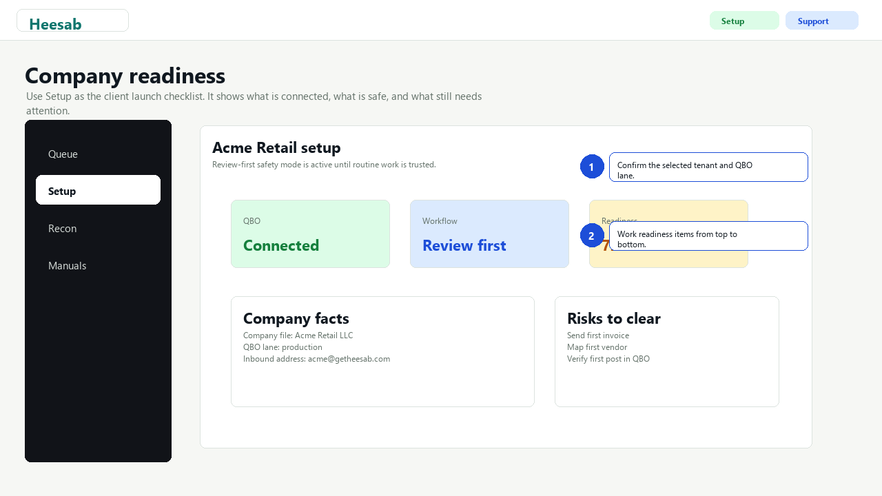 Setup overview: company readiness and review-first launch path