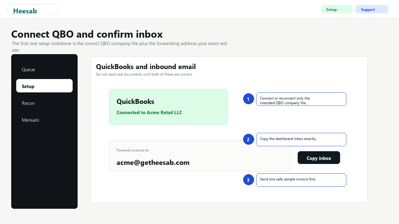 Connect QuickBooks and copy the tenant inbox address