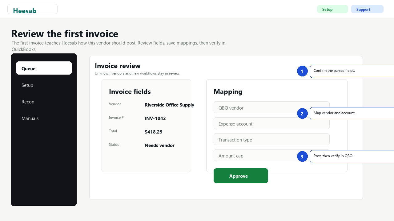 Review first invoice: confirm fields, map vendor and account, then approve