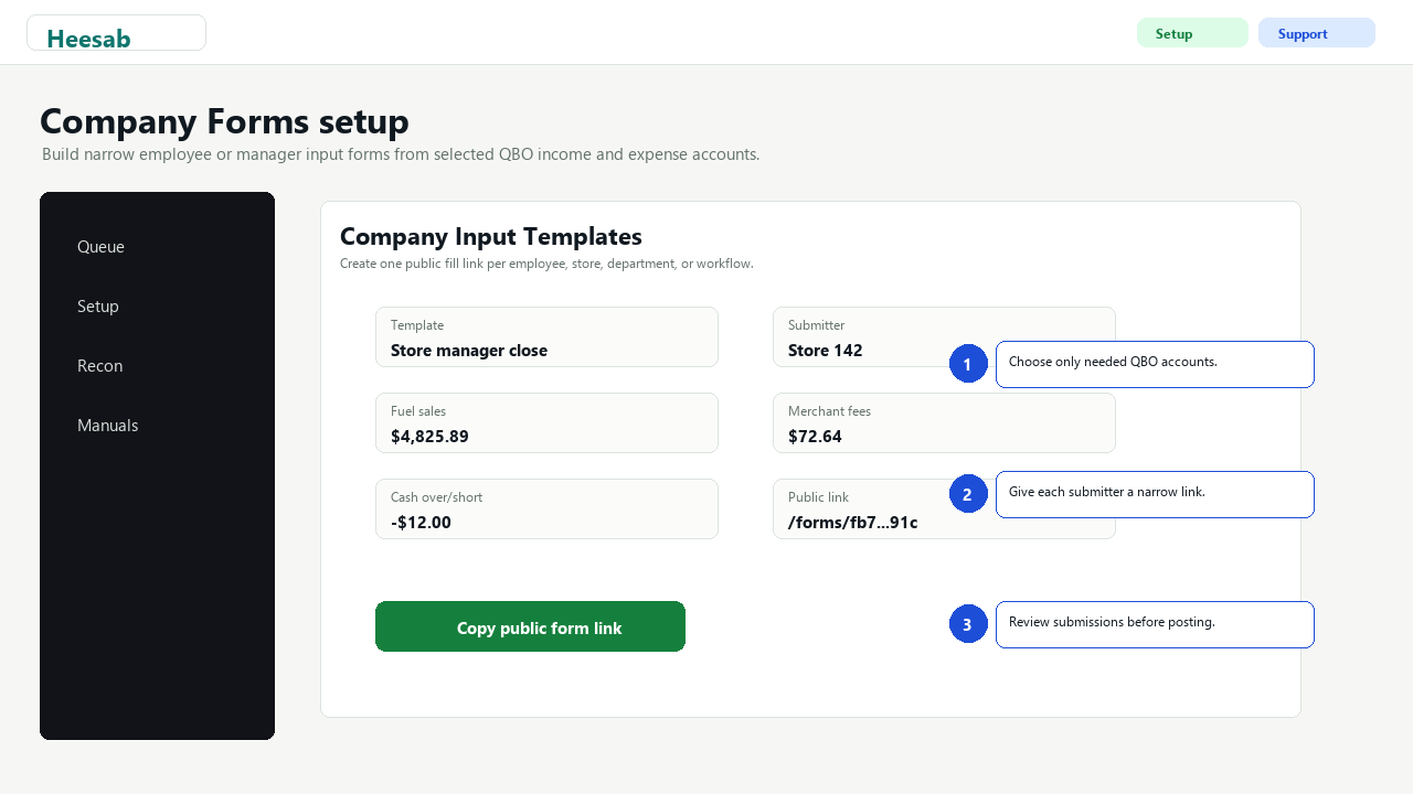 Company forms: build narrow input templates from selected QBO accounts